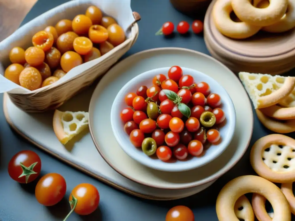 Delicioso aperitivo italiano con Taralli, olivas, queso Parmesano y tomates cherry en mesa rústica iluminada