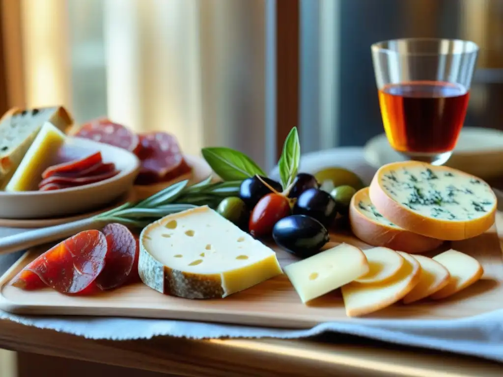 Delicioso aperitivo tradicional norte Italia: quesos, embutidos, aceitunas, tomates secos y pan, bañados por la cálida luz de la tarde