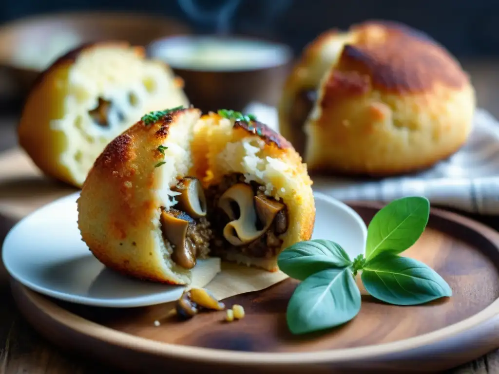 Delicioso arancini de setas vegetarianos recién abierto en una cocina siciliana