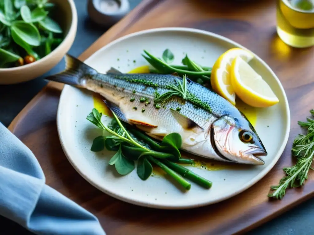 Delicioso branzino a la parrilla con hierbas frescas y aceite de oliva, acompañado de ensalada verde