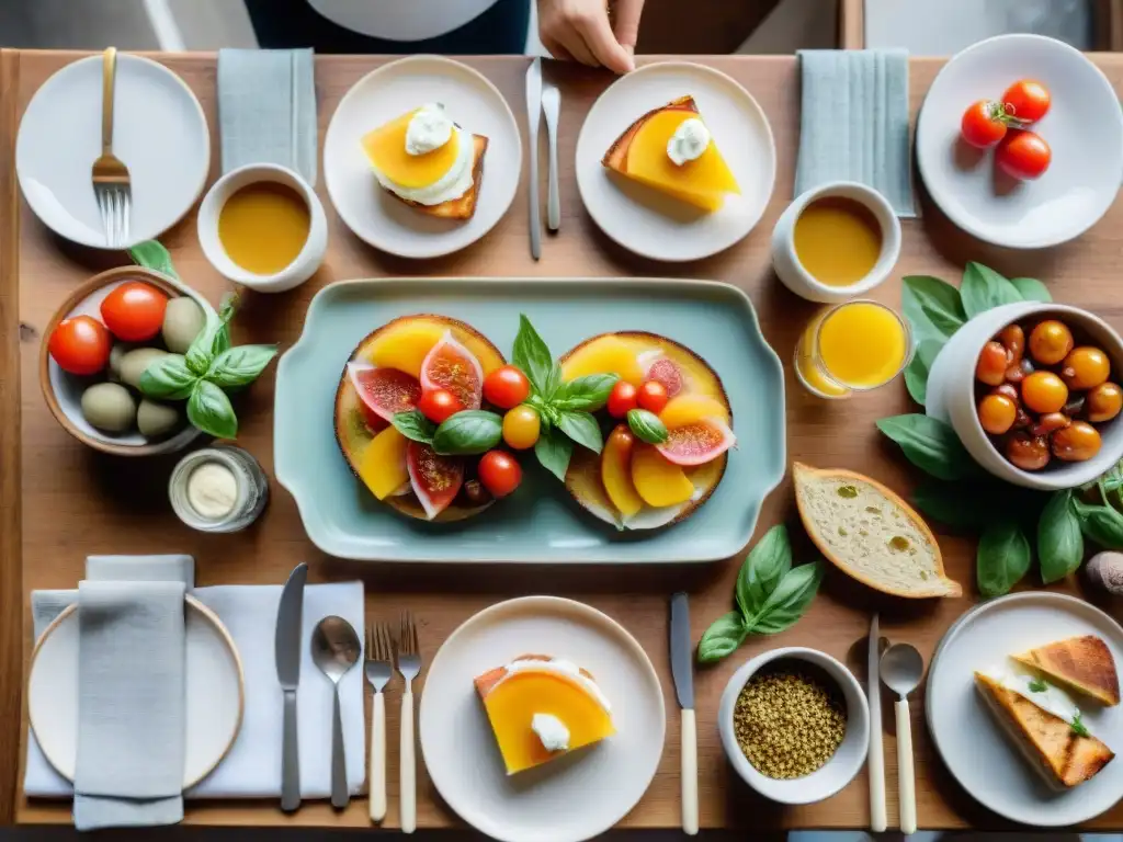 Delicioso brunch italiano sobre mesa rústica, con platos tradicionales y elegante vajilla