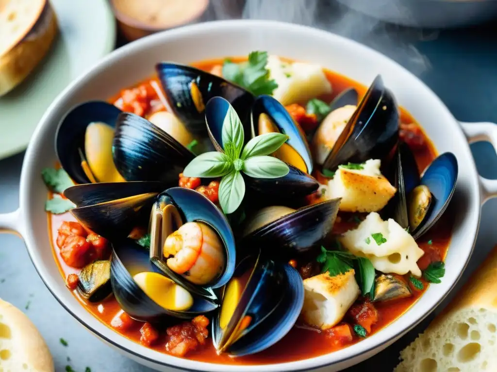 Delicioso cacciucco casero con mariscos frescos y hierbas aromáticas, perfecto para saborear en casa