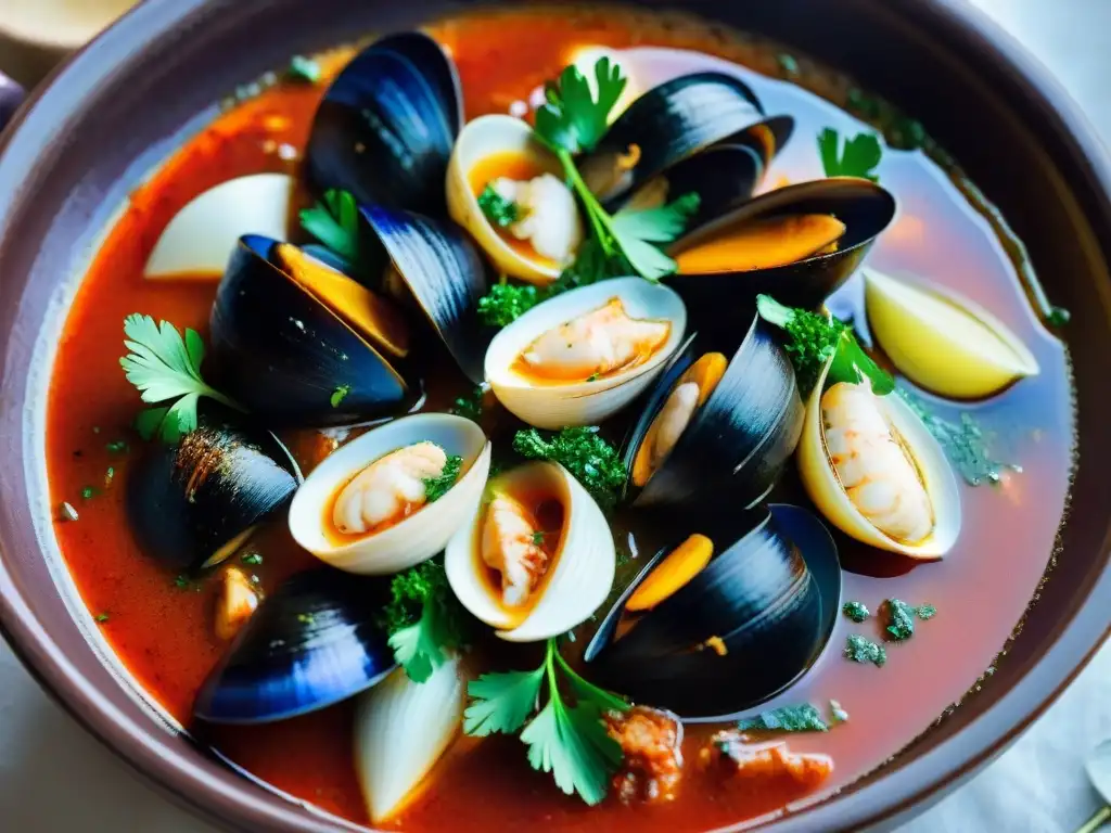 Delicioso cacciucco casero con mariscos en una olla burbujeante, perfecto para aprender a preparar cacciucco en casa