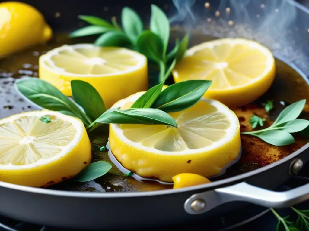 Delicioso Scaloppine al Limone cocinándose en sartén caliente