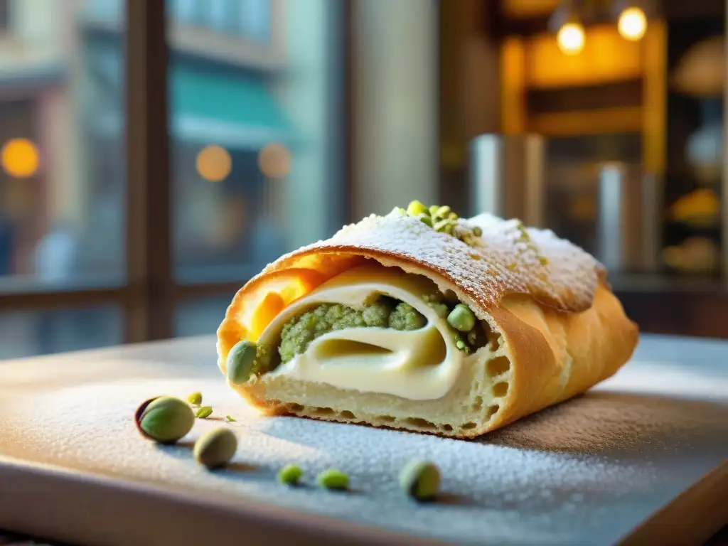 Delicioso cannoli siciliano: arte culinario en una pastelería italiana Delicioso cannoli siciliano relleno de crema de ricotta, espolvoreado con azúcar glas y decorado con pistachos