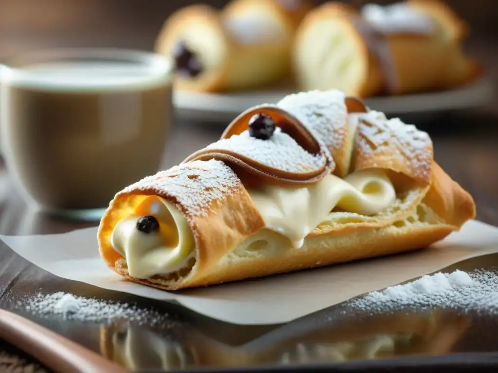 Exquisita elaboración de cannoli siciliano artesanal en pastelería italiana Delicioso cannoli siciliano relleno a mano con ricotta en una pastelería italiana