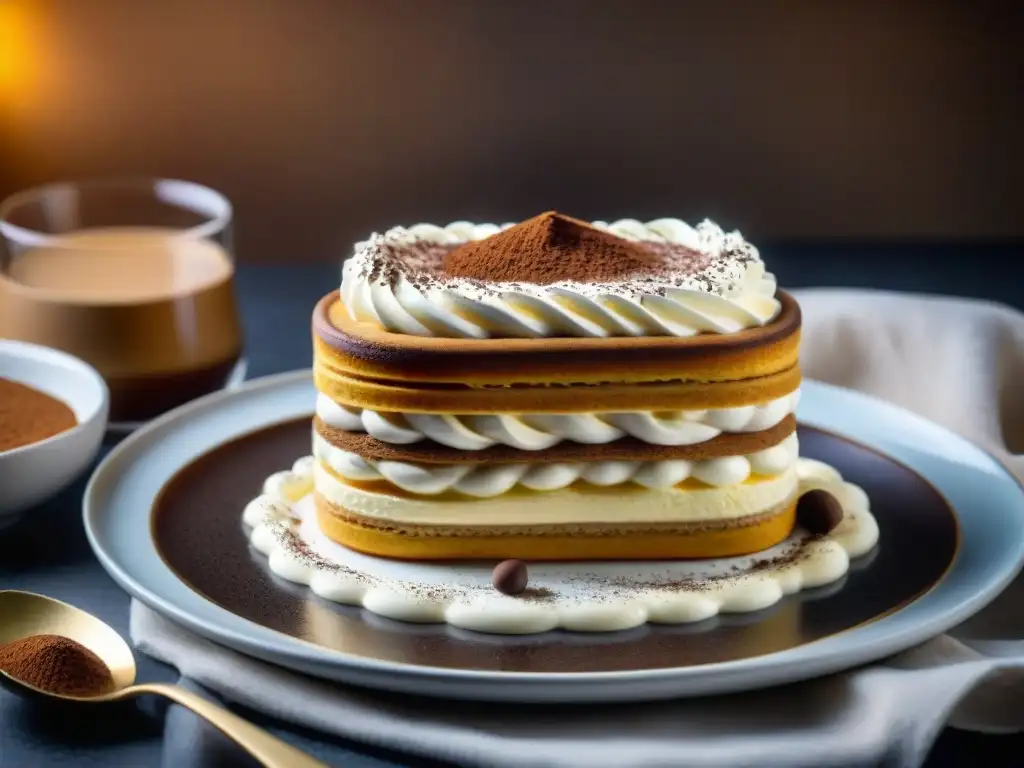 Delicioso tiramisú: capas de bizcochos de soletilla empapados en café y crema de mascarpone, espolvoreados con cacao