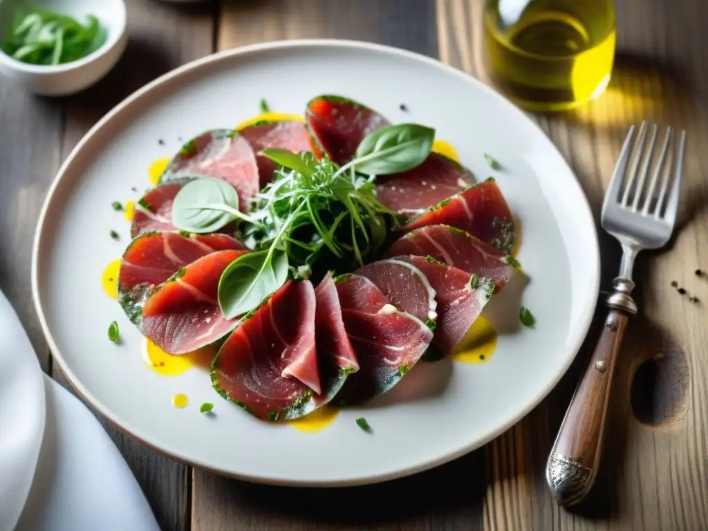 Delicioso Carpaccio italiano: finas láminas de carne roja con rúcula, parmesano, aceite de oliva y pimienta en plato blanco sobre mesa rústica