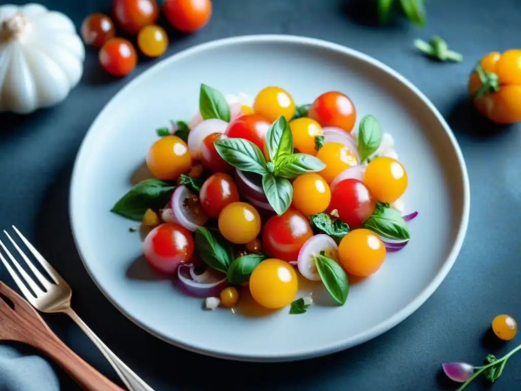 Delicioso ceviche italiano fusionado con sabores de verano en un plato vibrante