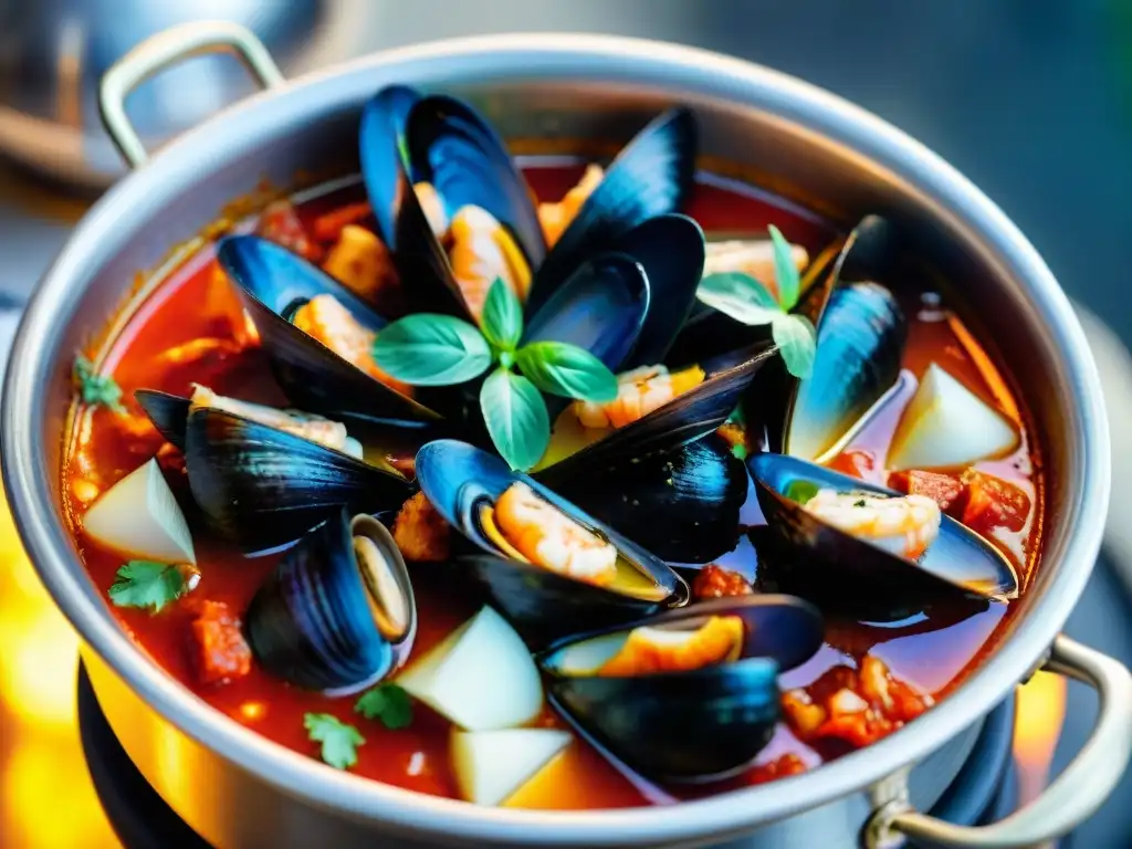 Delicioso cioppino estofado de pescado con mariscos en caldo de tomate rojo y hierbas aromáticas