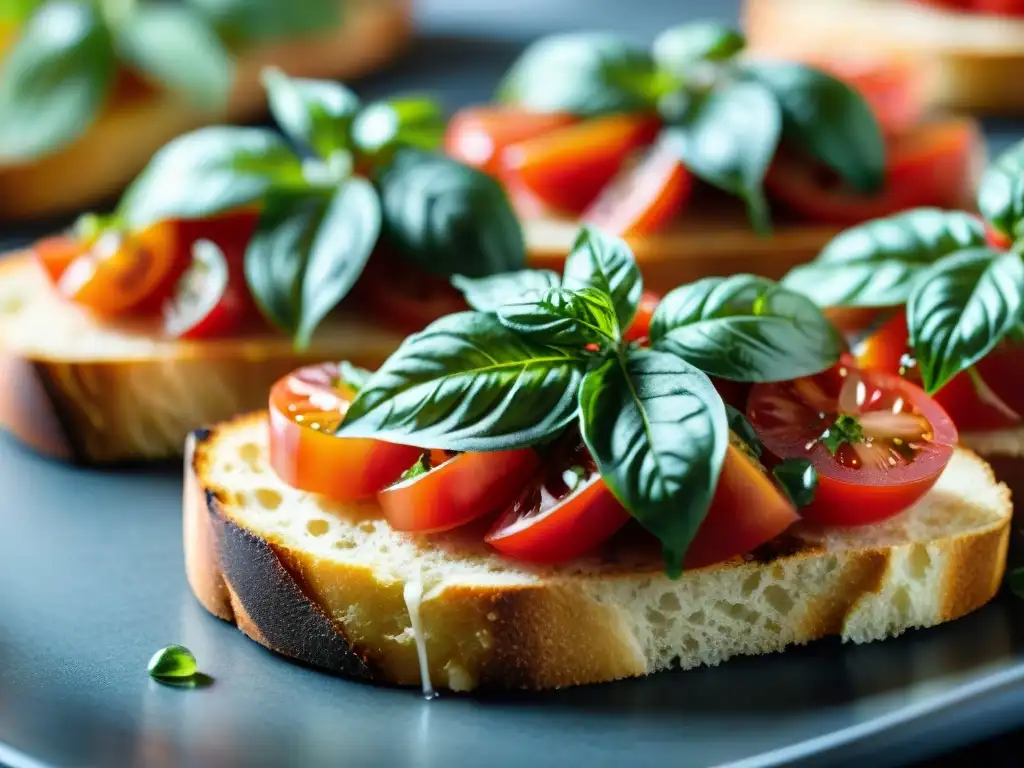 Delicioso crostini de tomate, albahaca y receta, con colores y texturas vibrantes