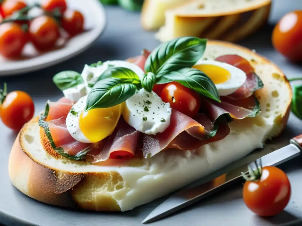 Delicioso crostini toscano con prosciutto, burrata, tomates y albahaca en tabla de madera rústica