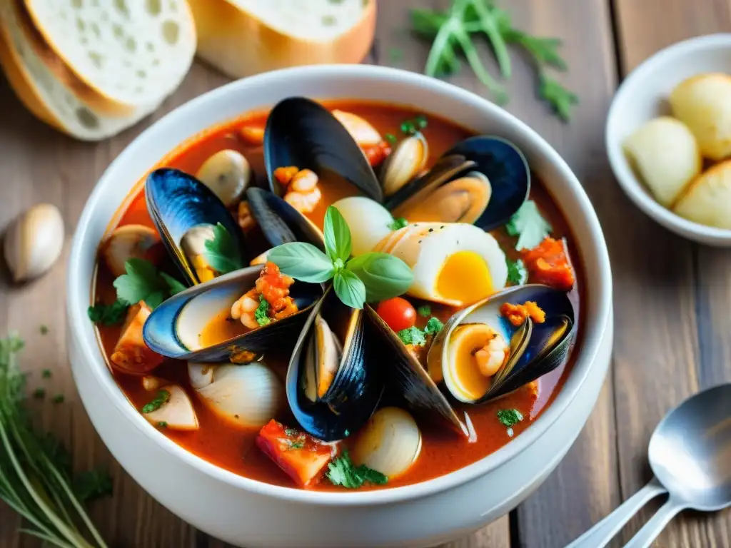 Un delicioso cuenco humeante de Cioppino con mariscos variados, en un caldo de tomate