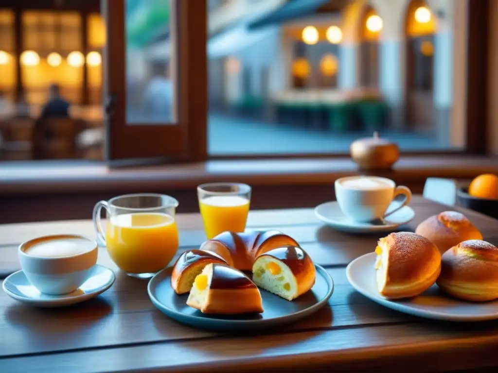 Delicioso desayuno italiano con cornetti y bomboloni, café y jugo de naranja fresco en una mesa rústica