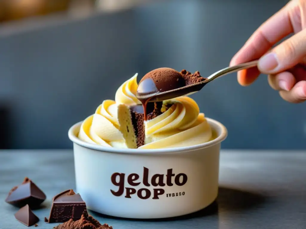 Un delicioso gelato de chocolate negro, suave y cremoso, en una auténtica gelatería italiana