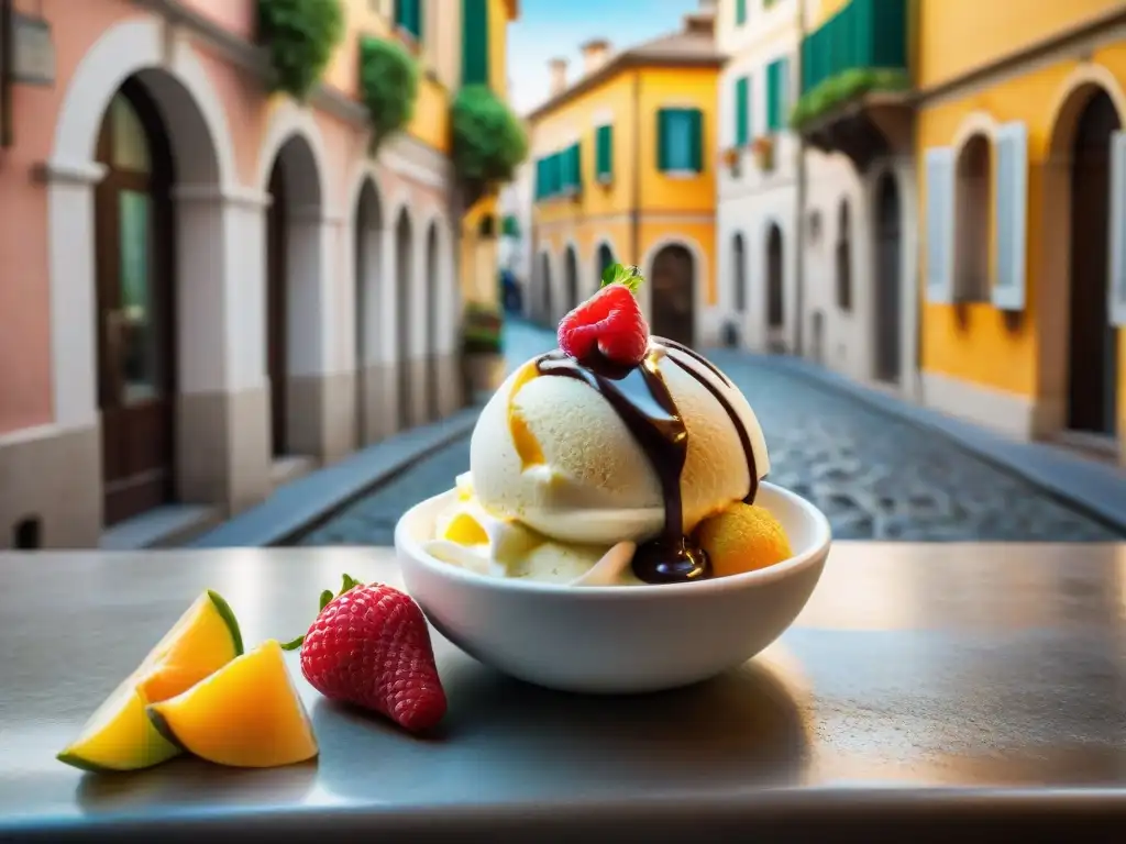 Un delicioso gelato italiano con frutas frescas y salsa de chocolate, en una tradicional gelatería