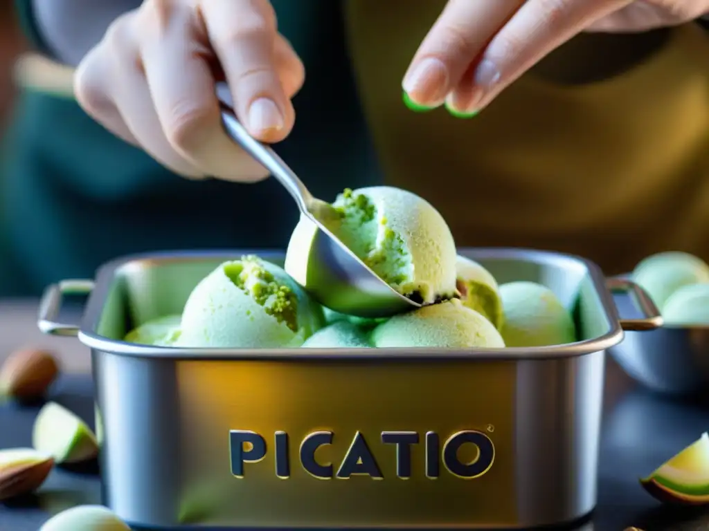 Un delicioso gelato italiano en películas: cremoso pistacho con nueces esparcidas, resaltando su frescura y atractivo visual