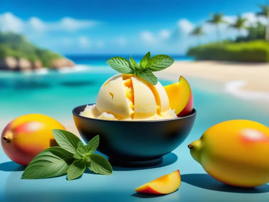 Delicioso gelato de mango con hojas de menta fresca, mango jugoso y coco, en la playa