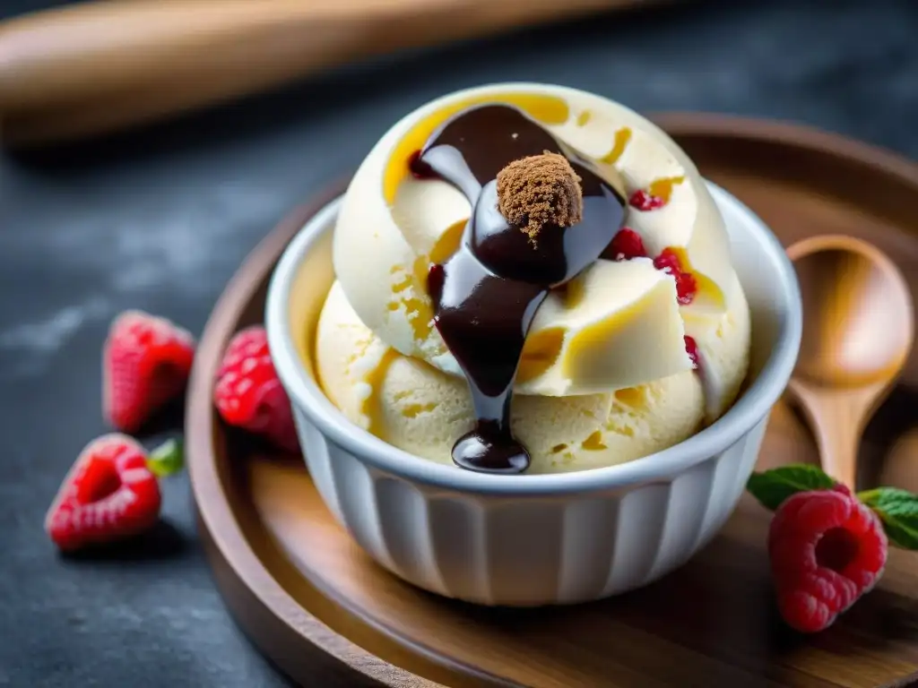 Delicioso gelato sin azúcar saludable con frambuesa y chocolate oscuro, sobre cuchara de madera y mármol