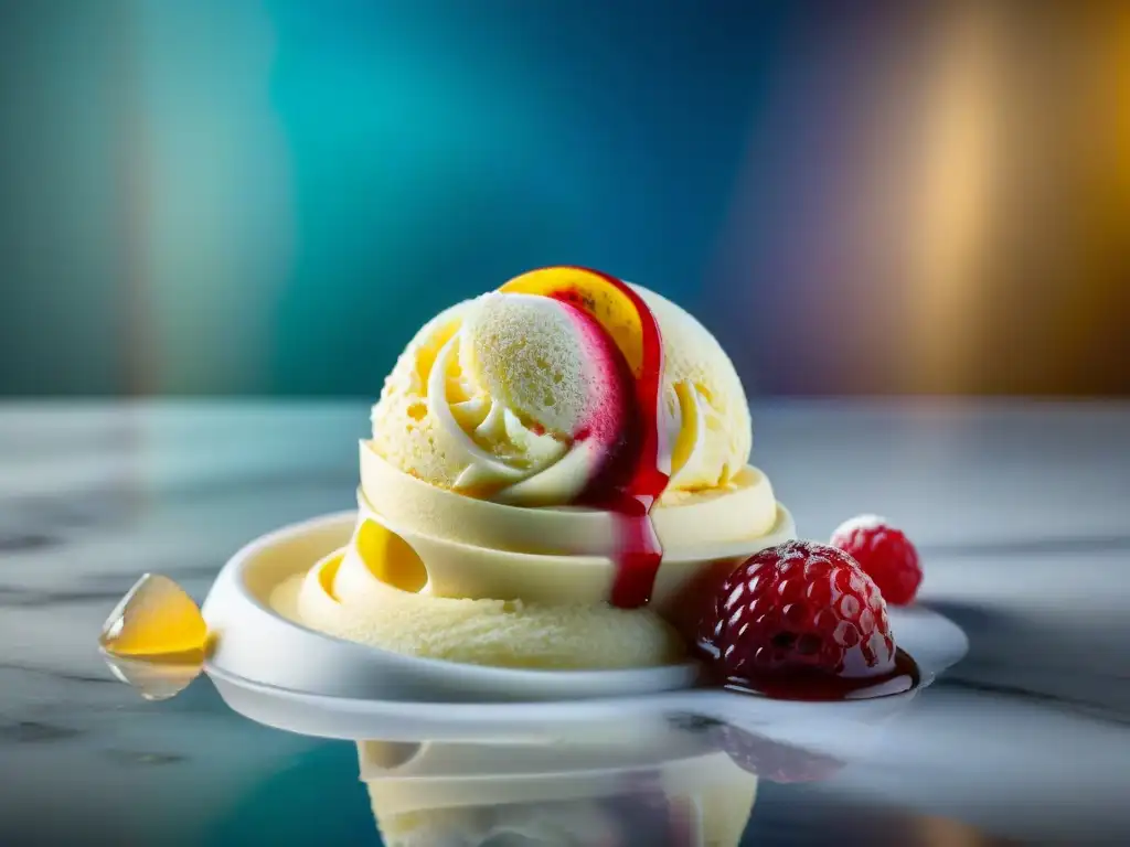 Delicioso gelato vs helado saludable en mármol frío, colores vibrantes y texturas decadentes