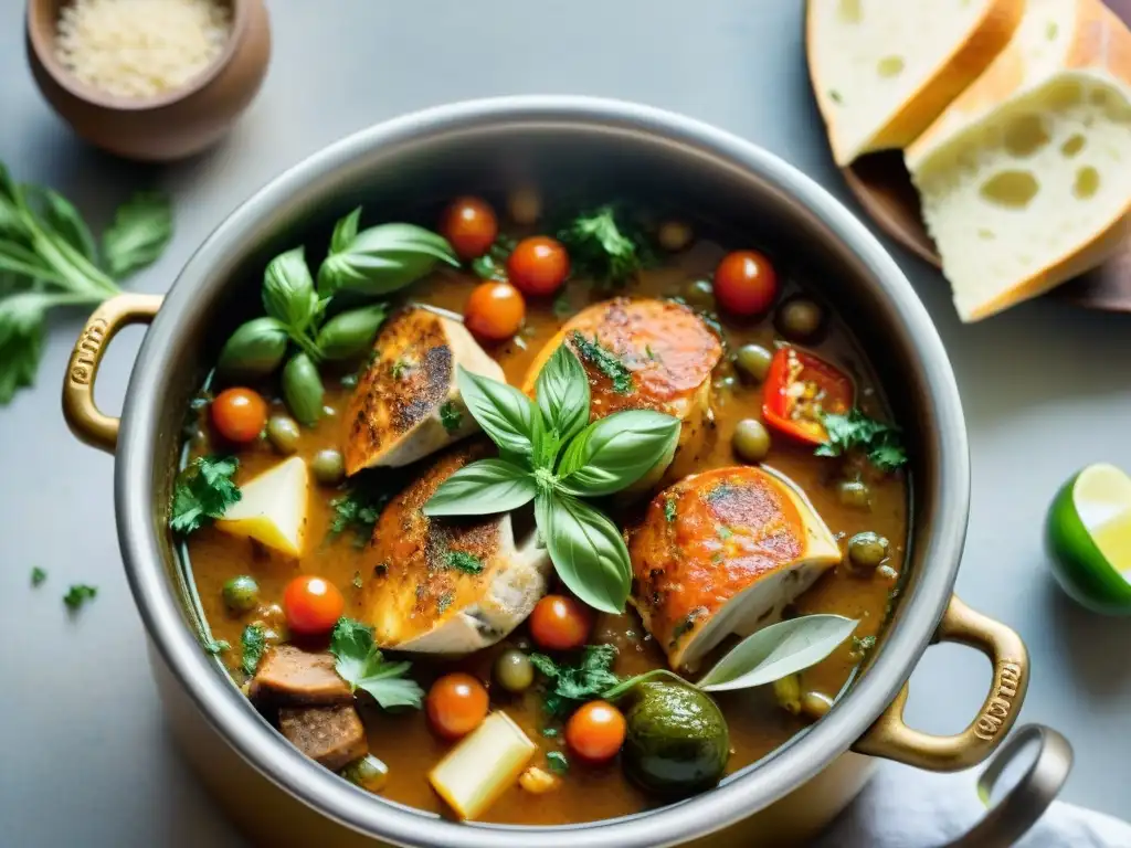 Delicioso guiso de conejo all’Ischitana en su punto, cocinado a fuego lento con tomate, ajo, hierbas y vino blanco, rodeado de ingredientes frescos