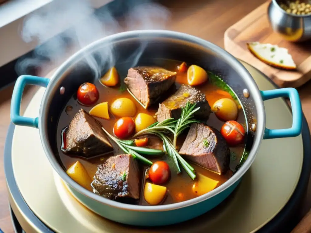 Delicioso guiso milanés de ossobuco en una olla grande, con vapor y aromas de la técnica ossobuco guiso milanés