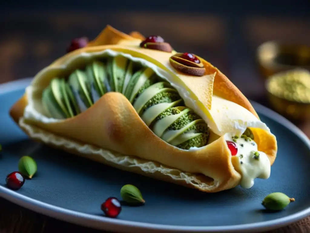 Delicioso cannoli recién hecho con capas crujientes, relleno de ricotta y decorado con pistachos y cerezas