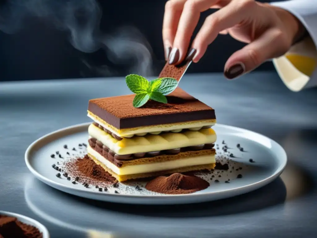 Delicioso tiramisú recién hecho en cocina gastronómica moderna