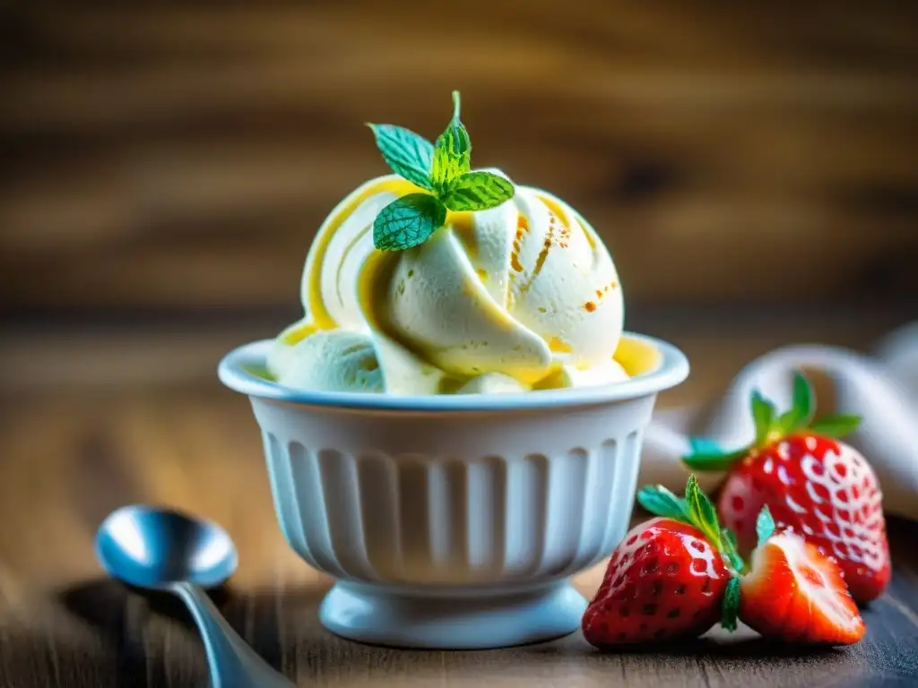 Delicioso helado italiano casero con pistacho y chocolate en copa artesanal, fresas y menta sobre mesa rústica