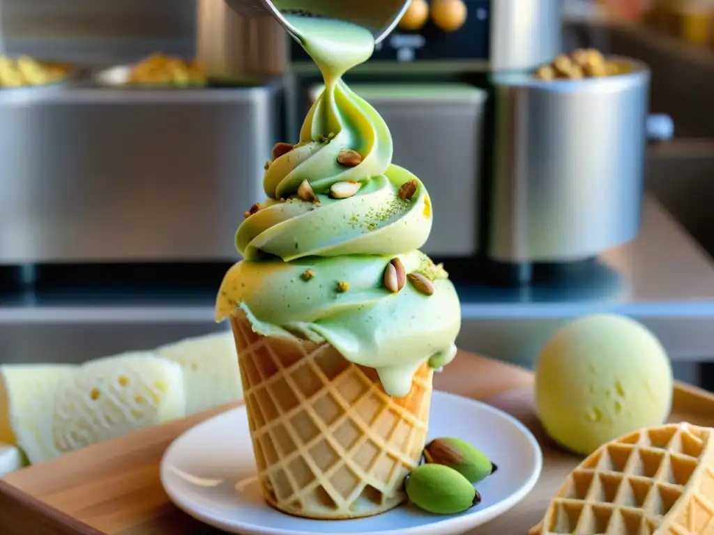 Un delicioso helado vegano de pistacho en un cucurucho recién hecho