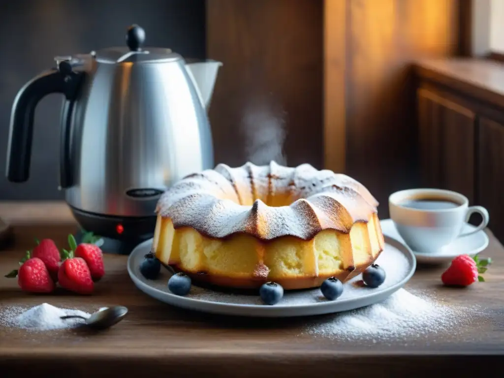 Delicioso ciambellone recién horneado, acompañado de café y frutas frescas en una mesa rústica