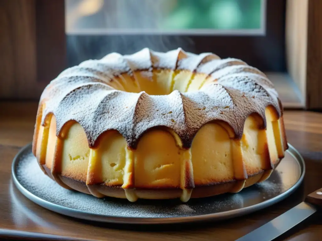 Un delicioso ciambellone recién horneado sobre una mesa rústica de madera, destaca su corteza dorada y espolvoreada con azúcar glas