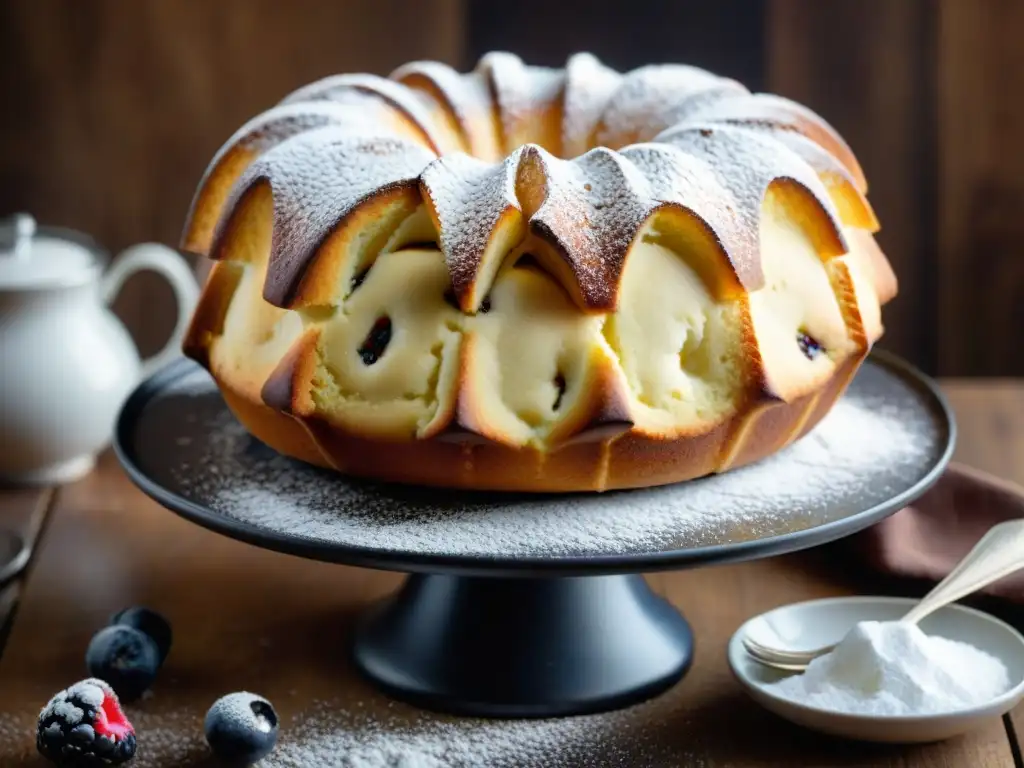 Delicioso ciambellone italiano recién horneado en una mesa rústica con bayas frescas y una cafetera vintage