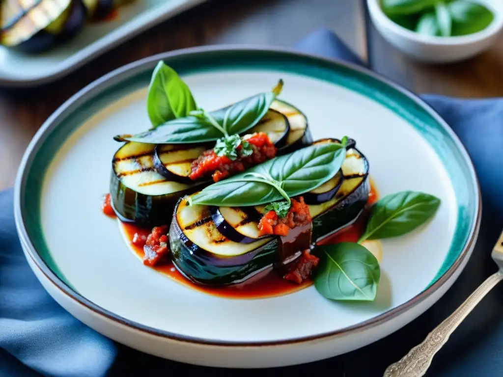 Delicioso Involtini de Berenjena con ricotta, espinacas y tomates secos, bañado en salsa de tomate y albahaca fresca en plato de cerámica rústica