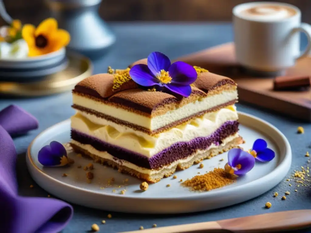 Un delicioso tiramisú italiano adornado con flores moradas y hojuelas de oro, en una cafetería italiana