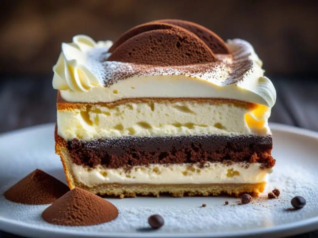 Delicioso tiramisú italiano con capas de bizcochos de soletilla empapados en café y mascarpone, espolvoreado con cacao
