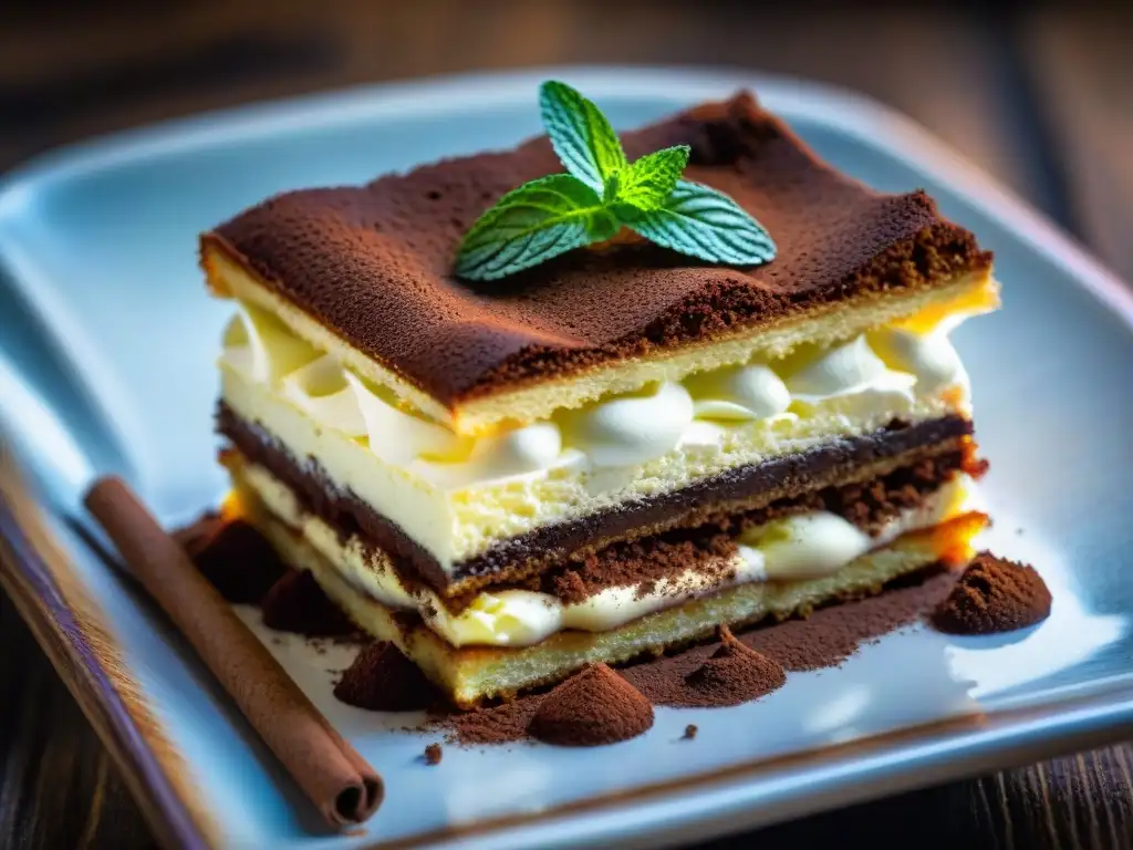 Delicioso Tiramisú italiano con capas de bizcochos empapados en café y queso mascarpone, decorado con hojas de menta y virutas de chocolate en una mesa de madera rústica