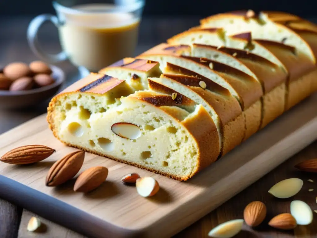 Delicioso biscotti italiano recién horneado con almendras, en tabla rústica