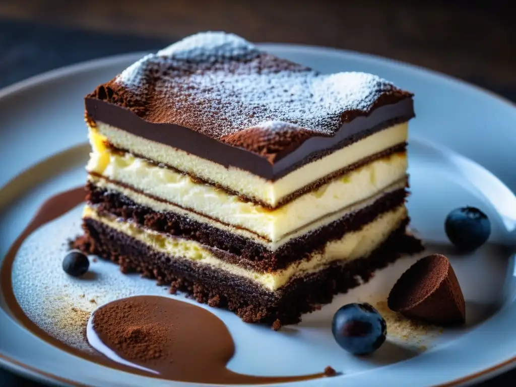 Delicioso tiramisú italiano con ingredientes sostenibles: mascarpone cremoso, bizcochos de café y cacao en polvo