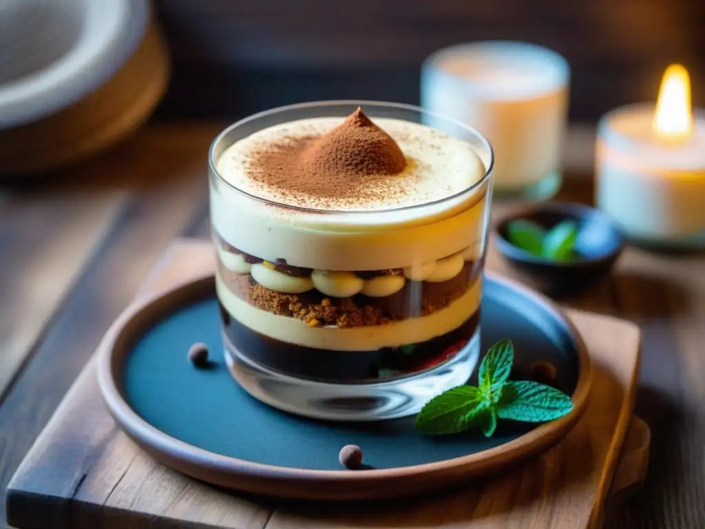 Exquisito tiramisú con Vin Santo y mascarpone Delicioso tiramisú italiano con Vin Santo, capas de bizcochos de café y mascarpone, espolvoreado con cacao y menta fresca en mesa rústica de madera