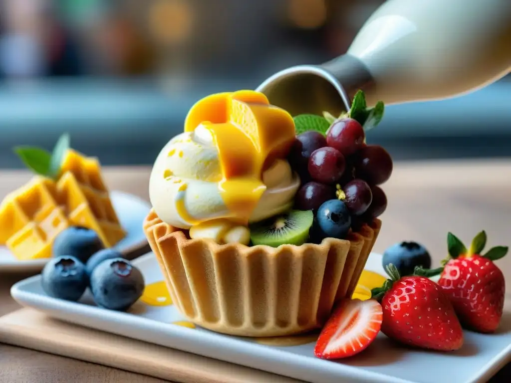 Delicioso mango y frutas frescas sobre cono de galleta en gelatería