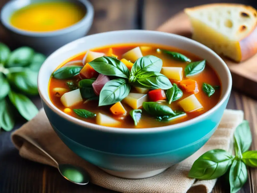 Un delicioso minestrone italiano con albahaca fresca y aceite de oliva en una mesa rústica