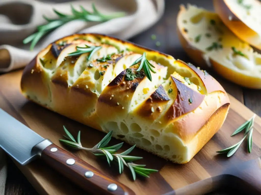 Delicioso pan de ajo italiano recién horneado en tabla de madera con hierbas y aceite de oliva, irresistible