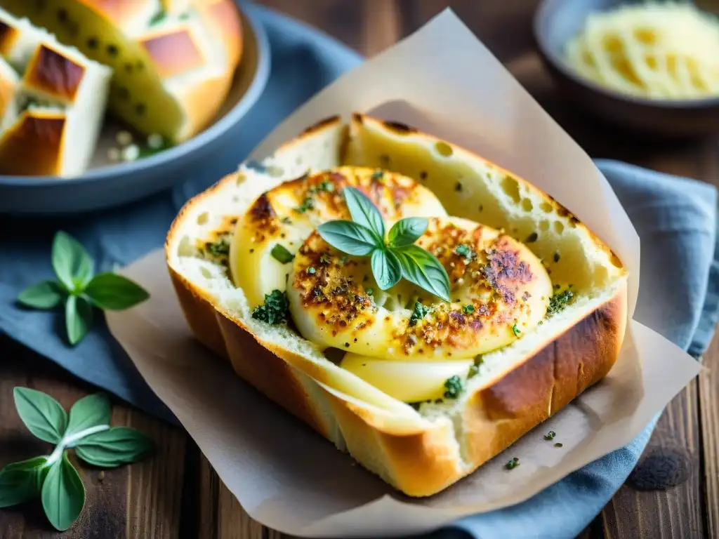Delicioso pan de ajo italiano recién horneado con mantequilla derretida y hierbas aromáticas, en un fondo de madera rústica