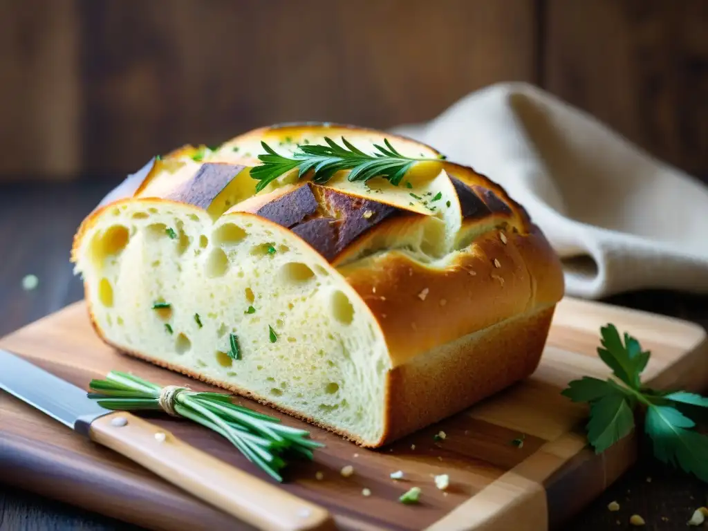 Delicioso pan de ajo italiano recién horneado, con crujiente corteza dorada y aroma de ajo y hierbas frescas