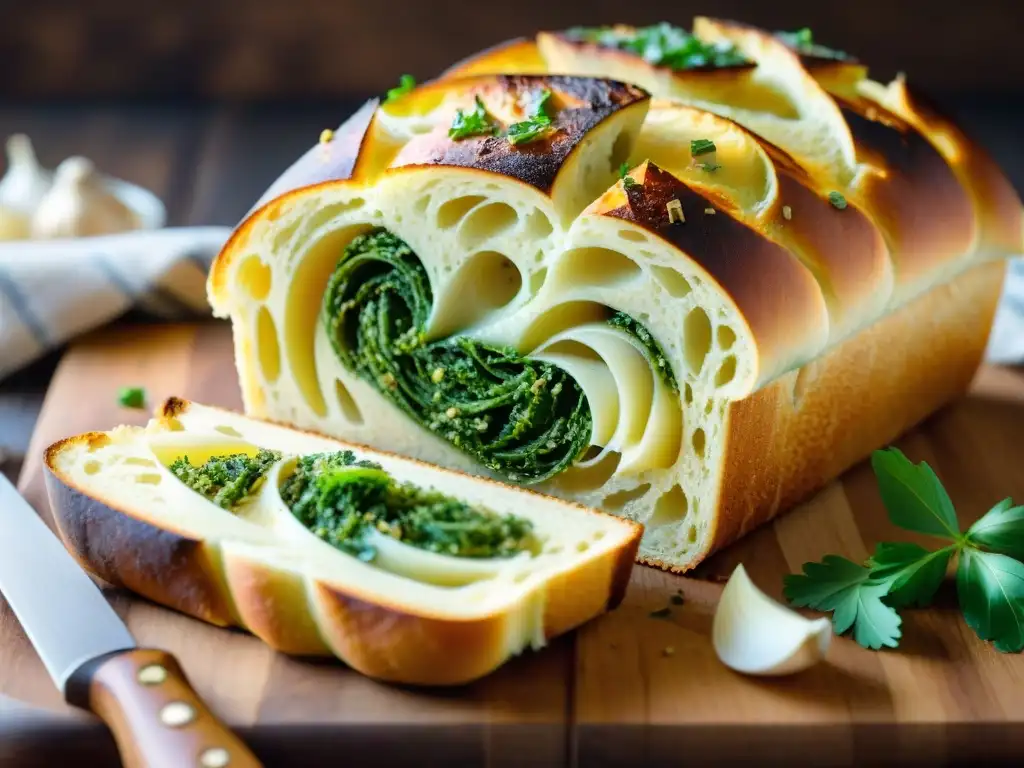 Delicioso pan de ajo italiano recién horneado, con costra dorada, ajo picado y perejil, emanando vapor