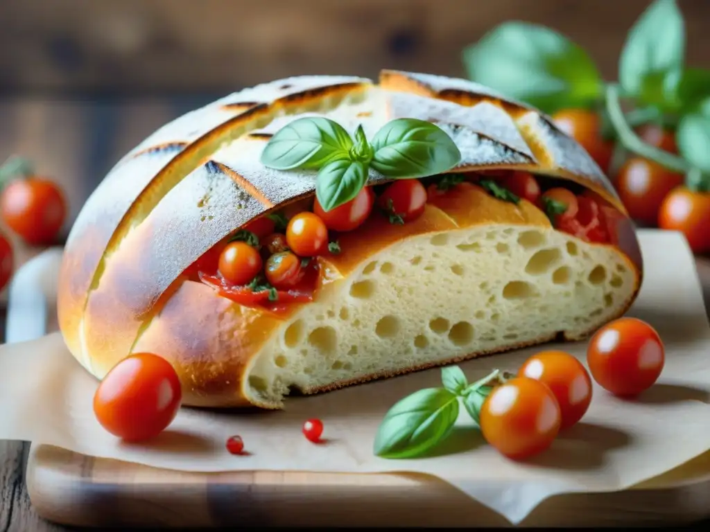 Delicioso Pane Cunzato Siciliano recién horneado sobre mesa rústica, con salsa de tomate casera y tomates cherry