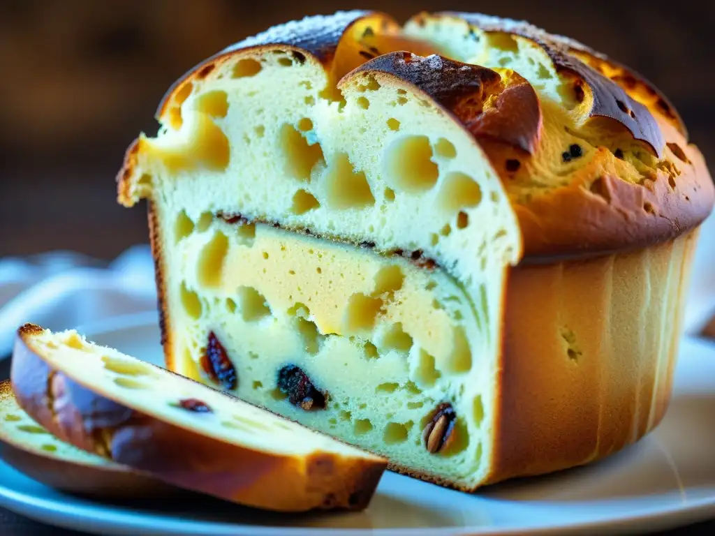 Delicioso panettone italiano recién cortado, con detalles dorados, frutas confitadas y nueces