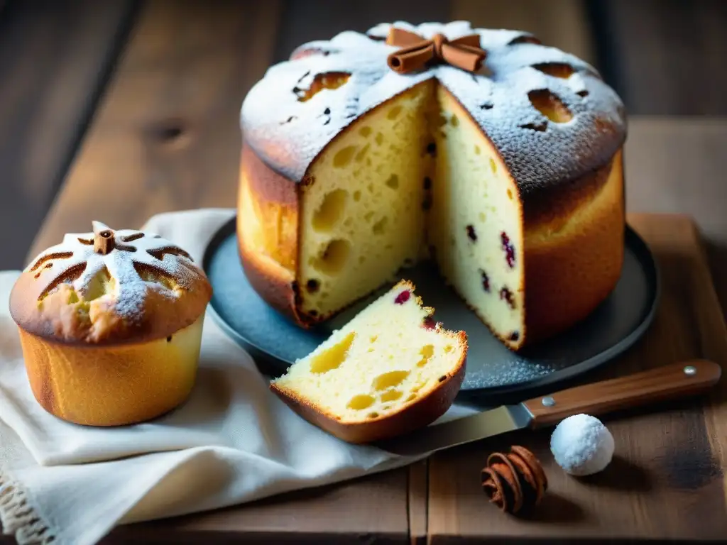 Delicioso panettone y pandoro en una mesa rústica, resaltando sus texturas y polvo de azúcar