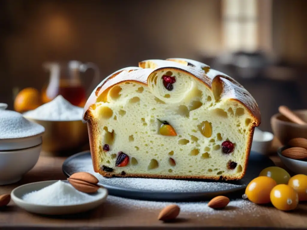 Delicioso Panettone recién horneado con frutas confitadas y almendras, espolvoreado con azúcar glas